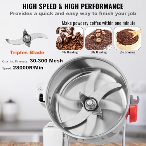 Bild 3 - VEVOR 750g elektrische Getreidemühle, Hochgeschwindigkeits-Gewürzmühlen mit 2000 W, Pulverisiermaschine aus Edelstahl, für trockene Körner, Gewürze, Müsli, Kaffee, Mais, Pfeffer, Schwenktyp