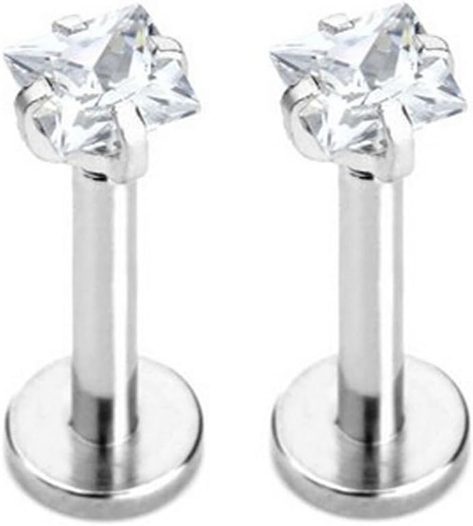 Lots of 2 Pcs 16g 3mm Square Cz Internally Threaded Lip Ring Labret Stud Steel Flat Back