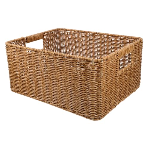 Alipis Large Capacity Storage Basket 34x26x16cm Imitation Rattan Desktop Woven Basket for Books Toys and Home Organization