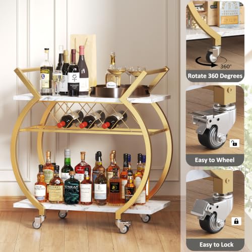 Image of LVB Gold Bar Cart with Wheels, Modern White Marble Home Bar Serving Cart | Drink Cart with Wine Rack, Metal Wooden Beverage Cart, Rolling Kitchen Cart for Home Dining Room,Gold White Marble