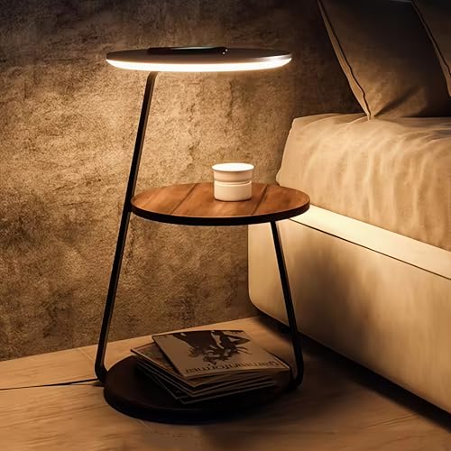 LARDECOR - Mesita de Noche con Estación de Carga y Luz LED Variable, Mesa Auxiliar Alta de Madera con Cargador Inalámbrico y 2 Estantes, Ideal para Dormitorio o Salón, 35x61 cm (Zenith)