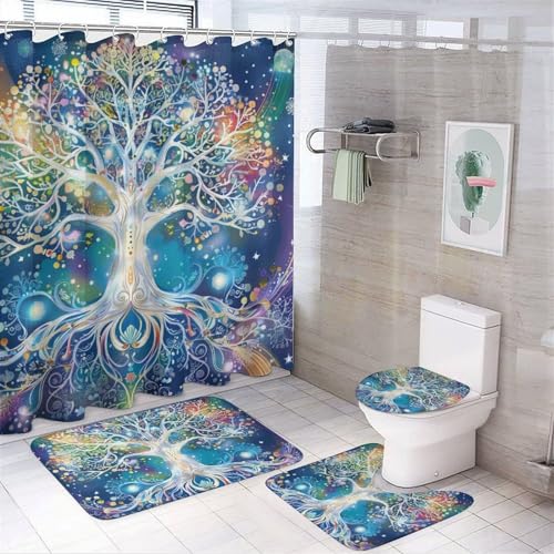 4Pcs Dreamy Tree Shower Curtain Set with Rugs, Toilet Lid Cover and Bath Mat, Glam Colorful Nature Plant Branches Bathroom Curtains Decor Shower Curtains, 72 x 72
