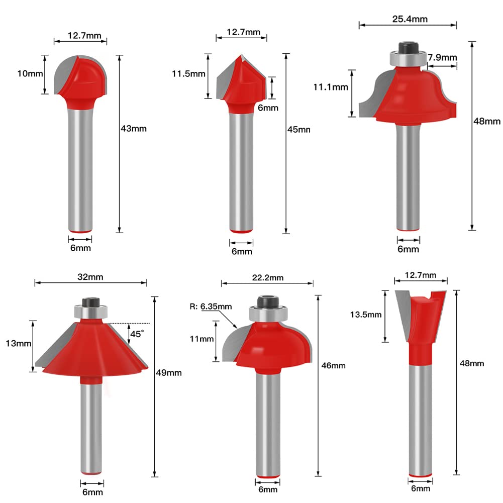 Baorder Lot de 12 forets de fraisage supérieur, tige de 6 mm, forets en carbure pour travail du bois, découpe, rainures (inclut forets droites, cove bit, chamfer bit)