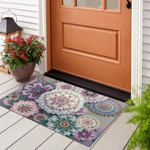 Paillasson fleurs sauvages géométriques rose clair 80x120 cm lavable - 3