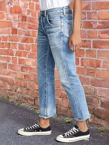 Flamingals Straight Leg Jeans for Women Cropped Mid Rise Stretchy Baggy Jean Wash Raw Hem Trendy Ankle Pants2