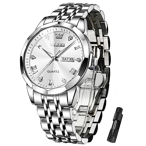 Image of OLEVS Mens Watch Stainless Steel Analog Quartz Watches for Men Day Date Easy Read Diamond Waterproof Dress Luxury Classic Casual Big Face Blue /Black /Gold /Silver Roman Arabic Numerals Men's Wrist Watch