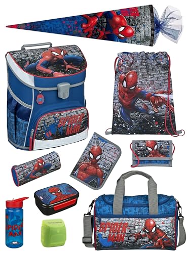 Familando - Scooli Campus Fit Schulranzen Set mit Spiderman - 10-teilig mit Schultüte - Ergonomisch Stabil & 980g leicht - 18L Volumen - Brustgurt & Reflektoren - ab 1. Klasse