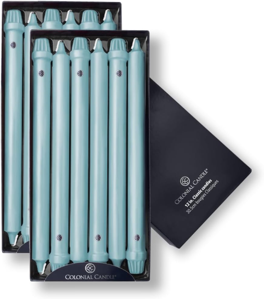 Colonial Candle Unscented Taper Candle, Classic Collection, Coastal Blue, 12 in, Pack of 12 - Up to 10 Hours Burn Coastal Blue 12 In Classic