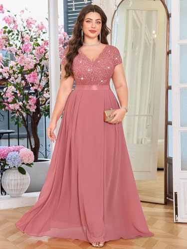 Image of Miusol Women's Plus Size Sequin Floral Lace V Neck Formal Gowns Evening Party Chiffon Maxi Dress