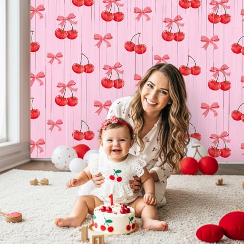 Image of Tiamon 2 Pack Cherry Party Decorations 3.3 x 6.6 Ft Foil Fringe Curtains Red Cherry and Bow Birthday Backdrop Tinsel Streamers Photo Booth for Fruit Baby Shower Birthday Party Supplies