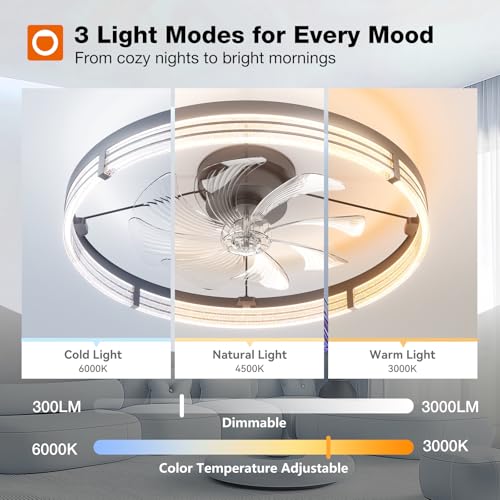 Image of addlon Ceiling Fans with Lights and Remote, 24'' Low Profile Ceiling Fans, 3000-6000K Dimmable Modern Flush Mount LED Fan Light, Fandelier Ceiling Fan for Bedroom, Kitchen, Living Room, Black