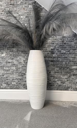 White & natural bamboo tall drum shaped vase 60cm floor or table vase (White)