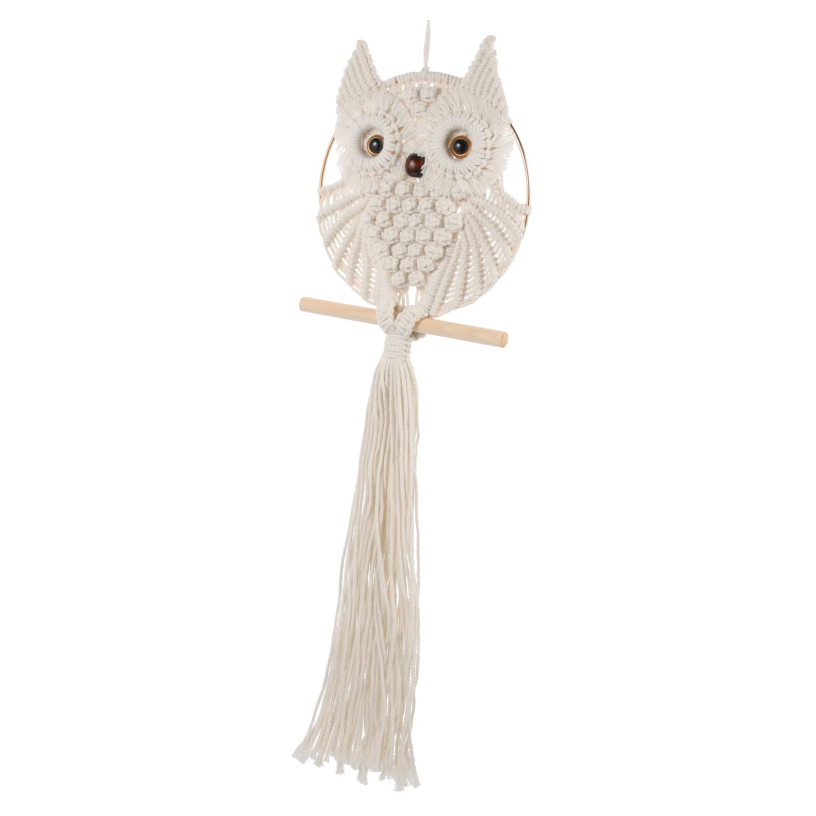 Décoration murale chouette macramé anneau fer suspension coton
