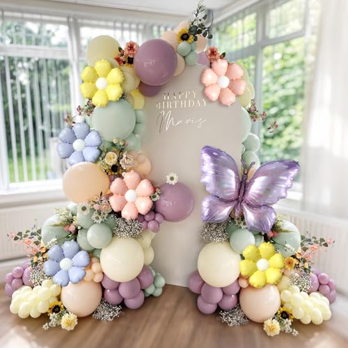 Spring Floral Butterfly Balloon Arch Kit,137Pcs Pastel Lavender Purple Yellow Balloon Garland with Daisy,Butterfly Foil Balloons for Wildflower Fairy Baby Shower Birthday Garden Tea Party Decorations
