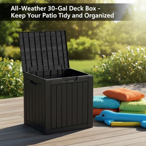 Image of 30 Gallon Resin Deck Box with Lockable Lid - Outdoor Waterproof Storage for Patio Furniture, Garden Tools, Cushions & Pool Accessories, Wood Grain Design, All-Weather Durable (Black, 1 Pack)