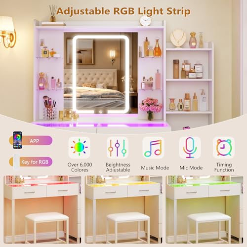 Image of HUAHUU Vanity Desk with Mirror and Lights 3 Colors, 43.3 inch Makeup Vanity with Glass Top & RGB Light, White Vanity Table Set with Stool, 5 Drawers & Power Outlet for Bedroom Dressing Room