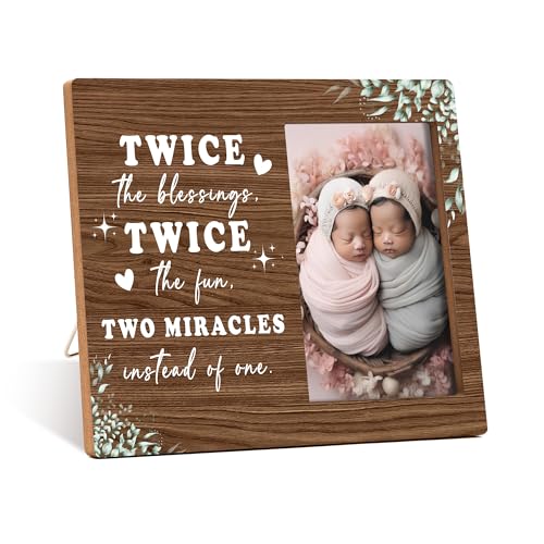 Qiwog Twins Photo Frame - Twice The Blessings Twice The Fun Pregnancy Announcement Picture Frame - Greenery Baby Twin Frames Gift - Twin Boys Girls Gifts For Babies, Twins Gifts For Mom -03