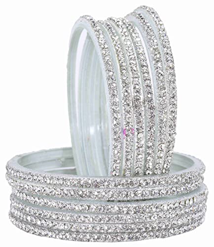 Image of NMII Glass with Zircon Gemstone and Beads Studdded Glossy Finished Traditional Bangle Set For Women and Girls