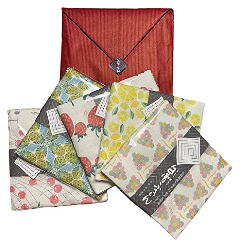 白雪友禅ふきん フルーツ柄5枚セット ギフト用赤色小袋・ロゴシール付き( いちご・レモン・パイナップル・葡萄・さくらんぼ赤)