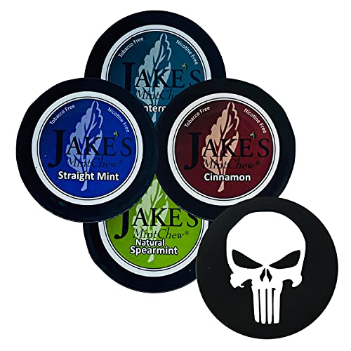 Jake's Mint Chew Minty Sampler 4 Can Variety with DC Crafts Nation Skin Can Cover - Skull