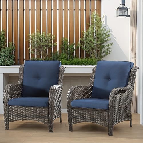 Patio Wicker Chairs Set of 2 Patio Rattan Dining Chairs with 35 inch Seat Cushions High Back and Curved Armrest for Garden Backyard Balcony and Deck Blue