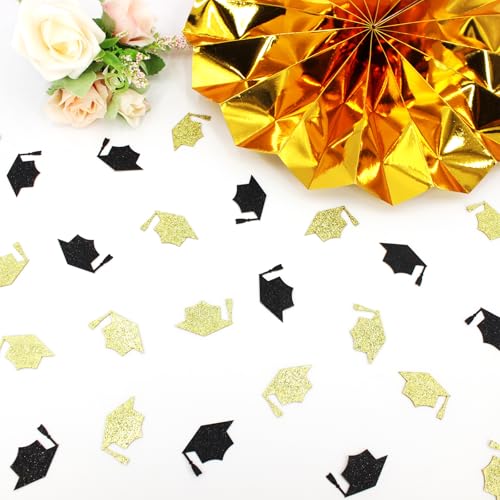 Image of 200PC Black Gold Grad Cap Graduation Confetti for Table Glitter Graduation Hat Table Scatter for Class of 2026 Grad Party Decorations