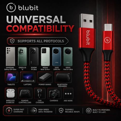 Image of USB Type C Cable, 3A Fast Charging & Data Sync Cord, Durable Nylon Braided USB-C to USB-A Cable for Samsung, Mi, Realme, OnePlus & All Android Smartphones (1 Meter, Red-Black)