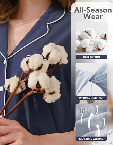 Image of NAP BOUND 100% Cotton Pajamas for Women Sets 2 Pieces Pjs Button short sleeves with Pockets Soft Sleepwear Loungewear XS-XXL