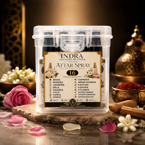 Image of INDRA SUGANDH BHANDAR Luxury Perfume Attar Spray For Pooja 10ml x 16pc Set Total 160ml 100% Alcohol Free Attar Perfume For Pooja, Worship, Namaz or Personal Use /Long Lasting Natural Perfume / 0% Alcohol
