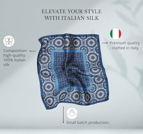 Image of Italian 100% Silk Pocket Square, Premium Small Batch Accessory for Men, 32x32 cm (12.5''x12.5''), One Side Print