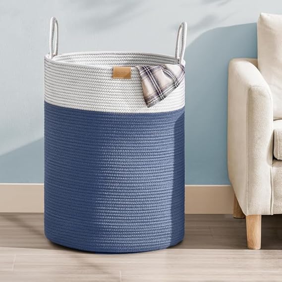 Image of Storage Rope Laundry Hamper Basket for Clothes, Towels and Blankets in Livingroom, Bedroom, Laundry Room and Basket for Nursery Storage (Size - 15 inch x 15 inch x 18 inch) (White Black Stitches)