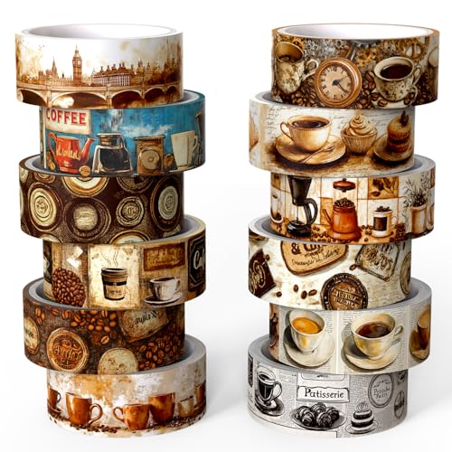 NIKOMIE 12 Rolls Washi Tape Set,Vintage Coffee Themed Decorative Tape
