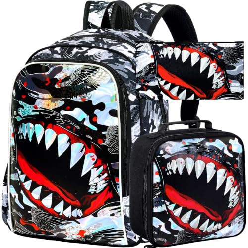 Image of 3Pcs Backpack for Boys, 16 inch Shark Kids Bookbag with Lunch Box, School Backpacks for Elementary Preschool Kindergarten (Black)