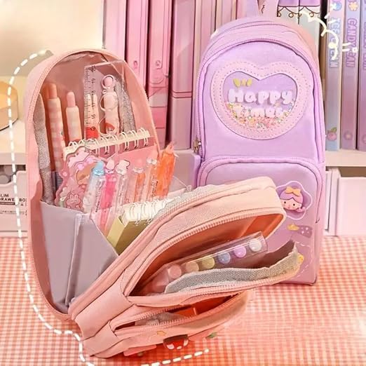 Image of Invite Enterprise Three Layer School Bag-Shaped Pencil Pouch, Large-Capacity Pencil Pouch with Zipper, Multipurpose Pen & Pencil Case for School Supplies for Boys & Girls (Pink - Happy TIME)