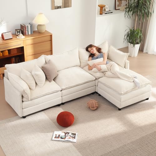 Image of Vesgantti 108 inch Modular Sectional Sofa, Comfy Cloud Couch with Movable Ottoman Deep Seat Chenille L Shaped Modular Sofa, Sectional Couches for Living Room, Bedroom and Apartment, Beige