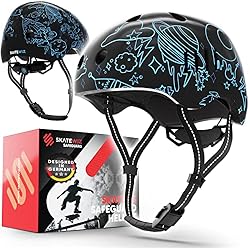 Casco Hockey Patines Niño SKATEWIZ Casco Bicicleta Niño - Casco Patinete y Casco Skate - Casco Patines niña patinetes - Casco Skateboard, Bici, BMX Casco Infantil - Safeguard S - 49-53cm Espacio Negro-Azul