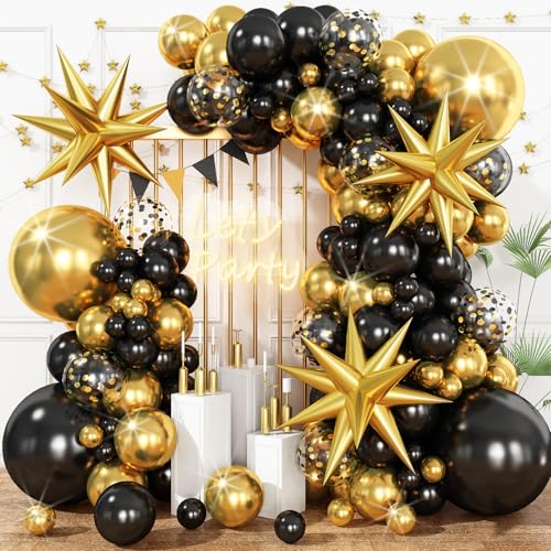 Image of Black Gold Balloons Arch Garland Kit Star Balloon Black Gold Confetti Balloons for Graduation Birthday Wedding Anniversary Baby Shower Party Decoration Balloons