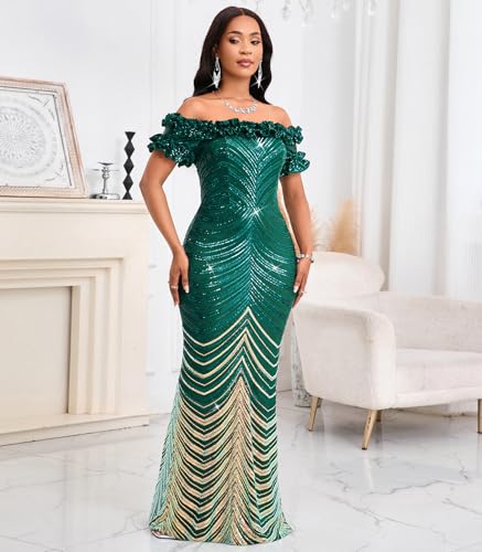 Image of dasmzper Women Sexy Sequin Off Shoulder Ruffle Short Sleeve Bodycon Mermaid Party Formal Evening Maxi Dress