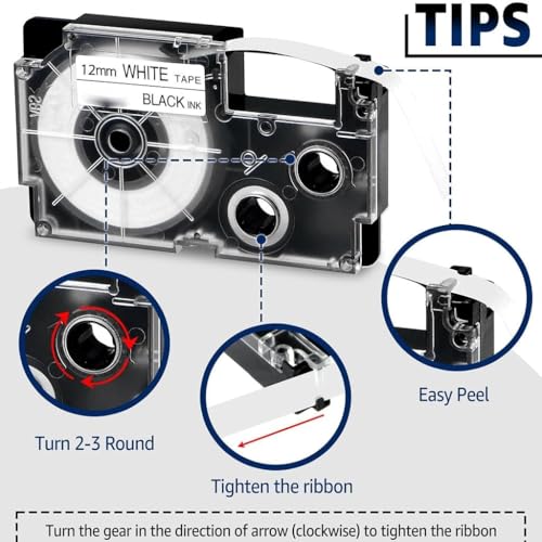 Image of ZIBUYU 12mm Label Tape for Casio Label Printer White with Black Ink 1 Roll | Compatible with KL Series (KL-120, KL-60, KL-820), Waterproof & Fade-Resistant