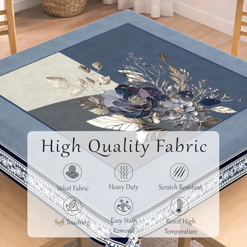 Image of Cloth Fusion Velvet Floral Square Shape Dining Table Cover Cloth 4 Seater with Stunning Gold Foil Design for Home Decor (56x56 Inch Square, Blue)
