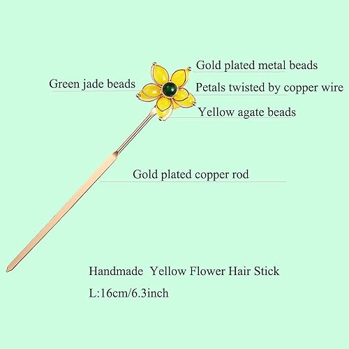 Miniatura 4 de CHOISBEING Pinza de cobre para moños, flor amarilla de 6.3 pulgadas para palillos de cabello largo para mujeres y niñas, accesorios para el cabello