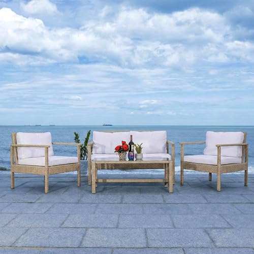Image of BRISHI Outdoor Sofa Set || Balcony Sofa || Patio Furniture Sets || Indoor Sofa|| Wicker Rattan Garden Sofa Set with Cushion and Center Table, 4 Seater (White-Beige)