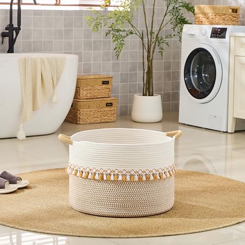 Image of KAKAMAY Cotton Rope Storage Basket (20 inchx13 inch),Woven Hamper for Blankets,Toys,Pillows,Clothes,Laundry,Sturdy Handles Decorative Basket for Living Room, Bedroom,Nursery(Brown /Grey)