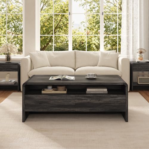 Image of AMERLIFE 39.4 inch Wood Coffee Table with Storage & Rounded Edges