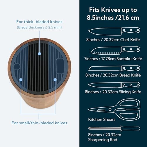 Image of KITCHENDAO Universal Knife Block Without Knives, Acacia Wood Knife Holder, Space-Saving Round Knife Storage Organizer for Countertop, with Slots for Scissors and Sharpening Rod