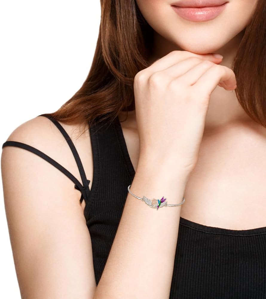 Fenthring Angel Wing Hummingbird Bracelet Sterling Silver Hummingbird Bracelets for Women Adjustable Bird Flower Blue Purple Hummingbirds Humming Bird Gifts - Image 2
