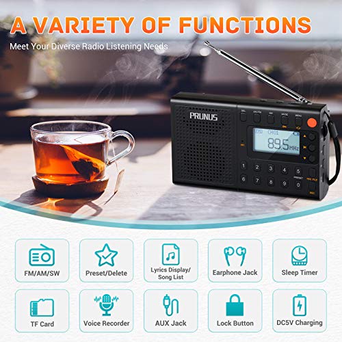Image of PRUNUS J-401 Recordable Radios AM FM SW Digital MP3 Player by TF Card AUX Wired Speakers Portable Rechargeable Receiver(Black)