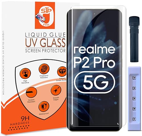 Image of STP FEEL Advanced UV Tempered Glass Screen Protector Guard Compatible For Realme P2 Pro 5G (6.7 Inch, Pack of 1) Full Adhesive UV Curved Case Friendly HD Clarity with easy installation kit