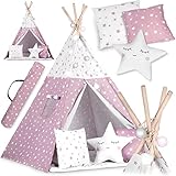 🎪 CHARMANTES DESIGN: Mit dem Tipi-Zelt für Kinder fühlt sich Ihr Kind wie ein echter indischer Anführer. Dank des hohen Gewichts von 175 g/m2 ist das Zelt sehr strapazierfähig und widersteht auch den wildesten Kinder-Toben. Dezente Farben (Rosa und Weiß) mit einem charmanten Sternenmuster werden die Aufmerksamkeit des Kleinkindes auf sich ziehen, und das Zelt wird als Dekoration für ein Kinderzimmer wunderschön aussehen.