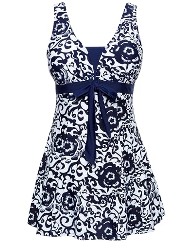 Wantdo Costume da Bagno Intero da Donna Curvy Taglie Forti Pascondi Pancia Costumi con Stampa Floreale Sottile Gonna Blu Scuro 52-54